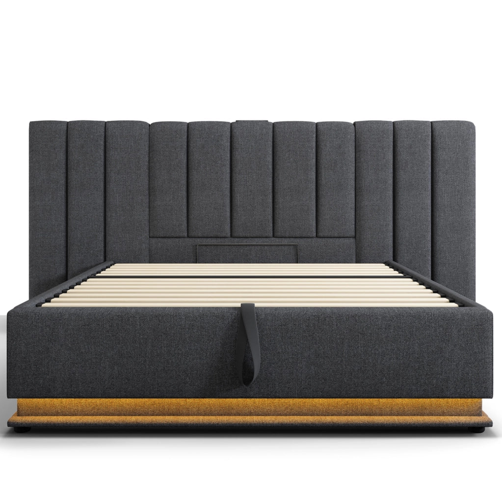 Letto matrimoniale 160x200 cm con contenitore; LED 360掳; ricarica USB e Type-C; grigio in lino