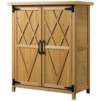 Armadio da Giardino Porta Attrezzi in Legno con 2 Ante e 4 Scaffali, Piano in Lamiera, 75x40x90 cm