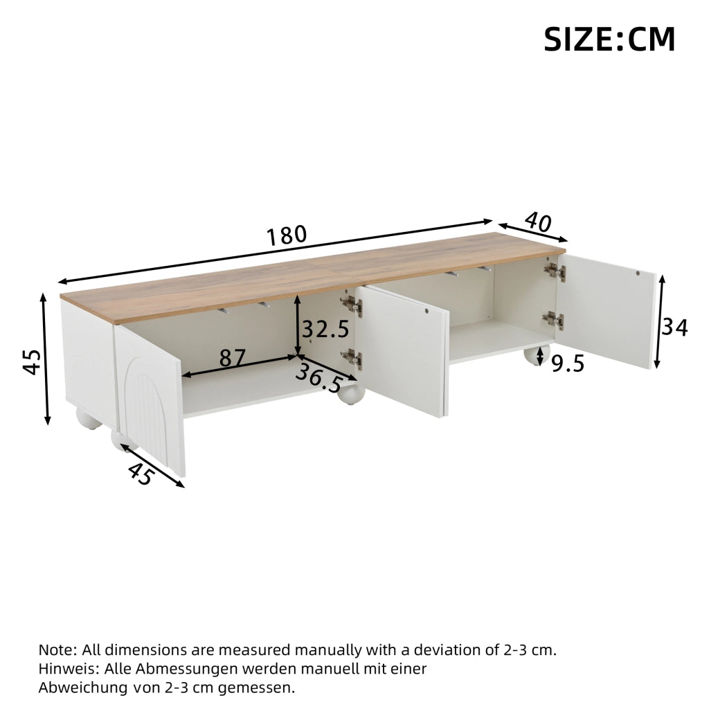 Mobile porta TV con 4 ante e 2 vani, in MDF e gambe in metallo, per soggiorno, bianco e effetto legno, 180 × 40 × 45 cm