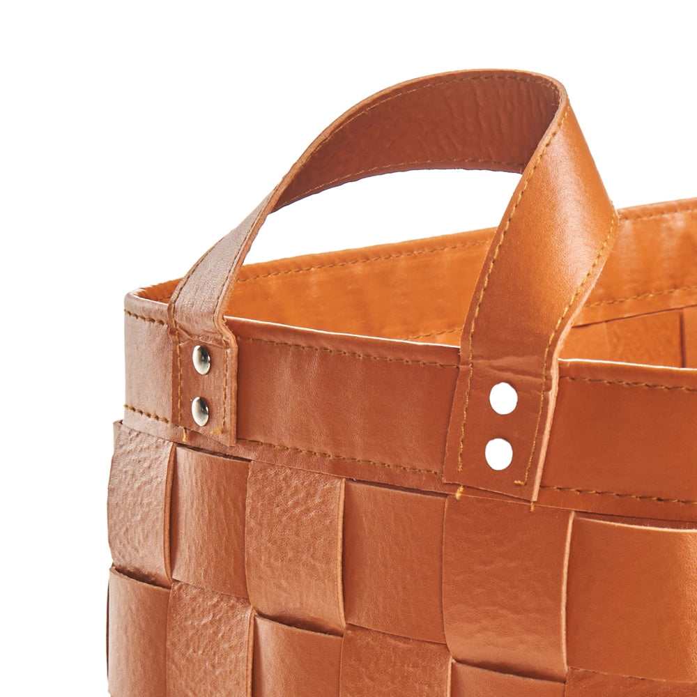 Set di 2 cesti fatti a mano in ecopelle marrone dorato con manici design retrò
