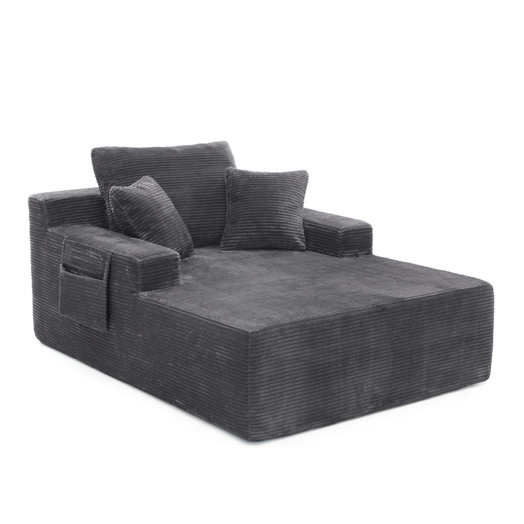 DIVANO in corduroy grigio scuro con tasche laterali e 3 cuscini