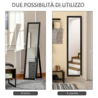 Specchio da Terra e Parete con Supporto Richiudibile e Cornice in MDF, 37x48x152cm, Nero