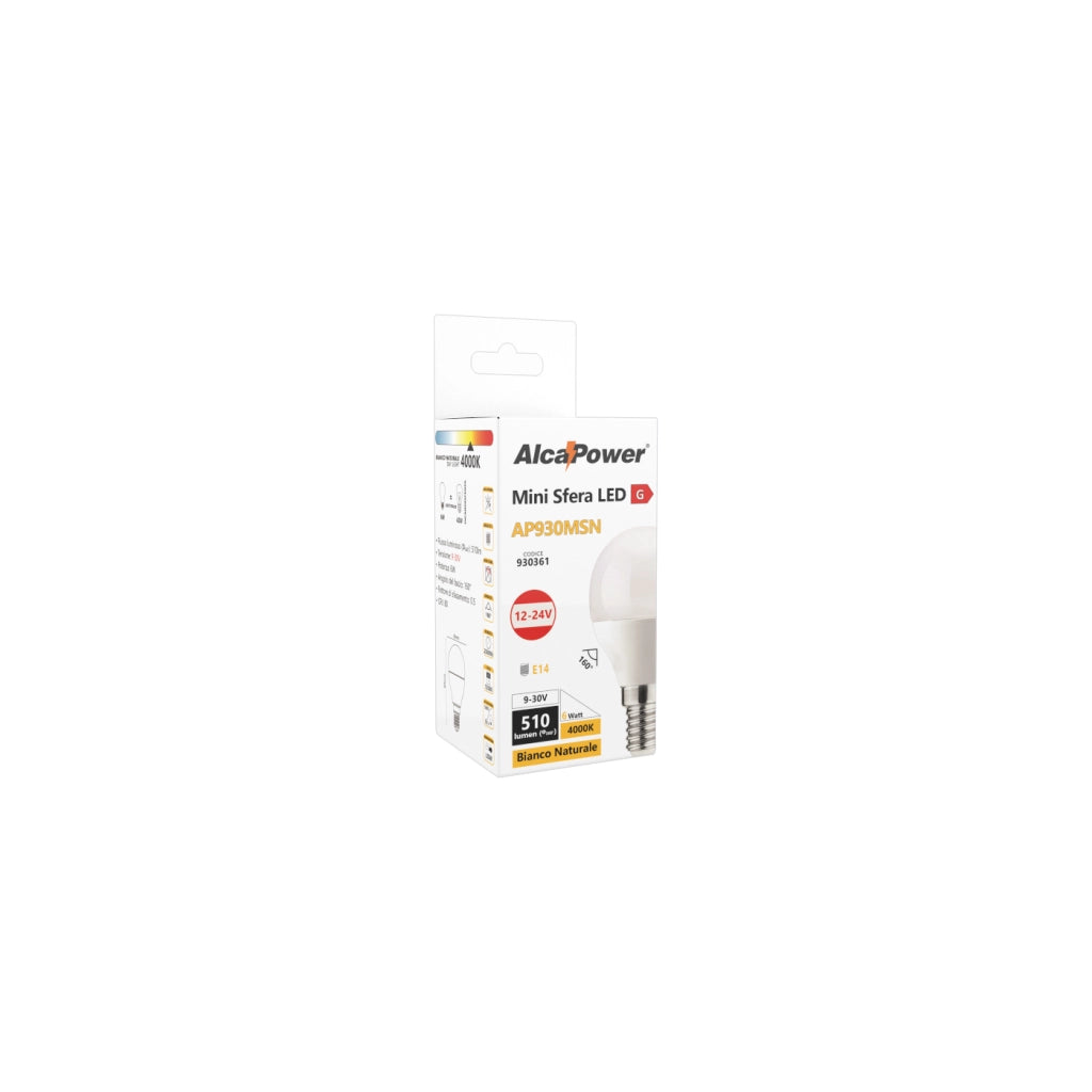 Alcapower Lampada LED Mini Sfera E14 6W 580lm 4000K Bianca Naturale 9-30V DC Ideale per Impianti a Bassa Tensione ed Applicazioni Professionali