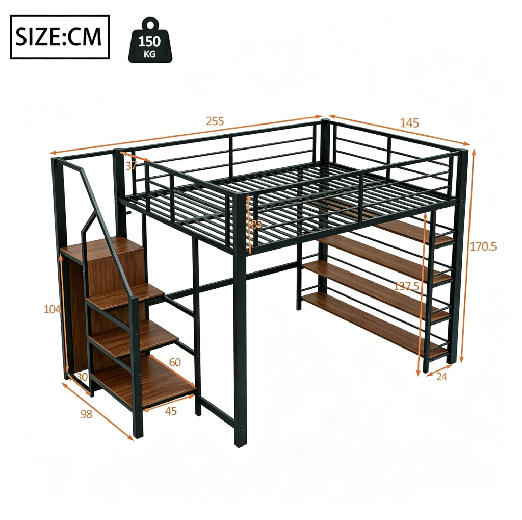 Letto a soppalco 140x200 con scala contenitore, guardaroba e ripiani