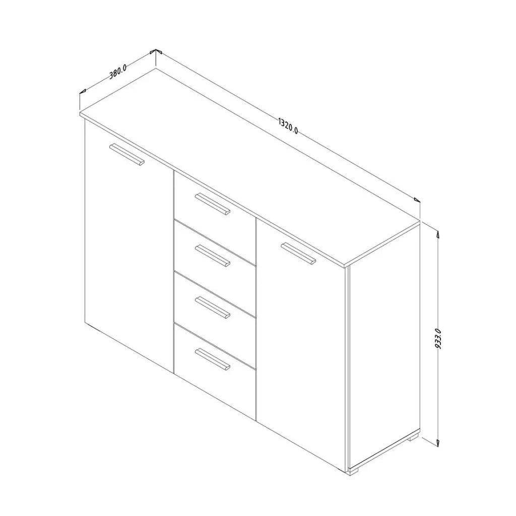 Credenza design 2 porte e 4 cassetti 130cm. Collezione EOS colore rovere chiaro e bianco