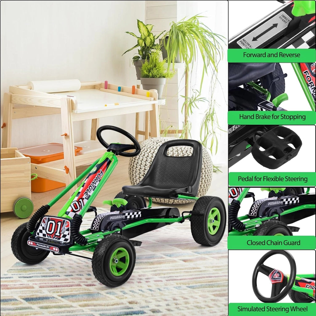 Go Kart a Pedali per Bambini, Macchina per Bambini con Sedili Regolabili in 2 Posizioni e 4 Ruote Antisdrucciolo, Carico 30 kg, per 3 Anni + (Verde, 101 X 61 X 62 CM)