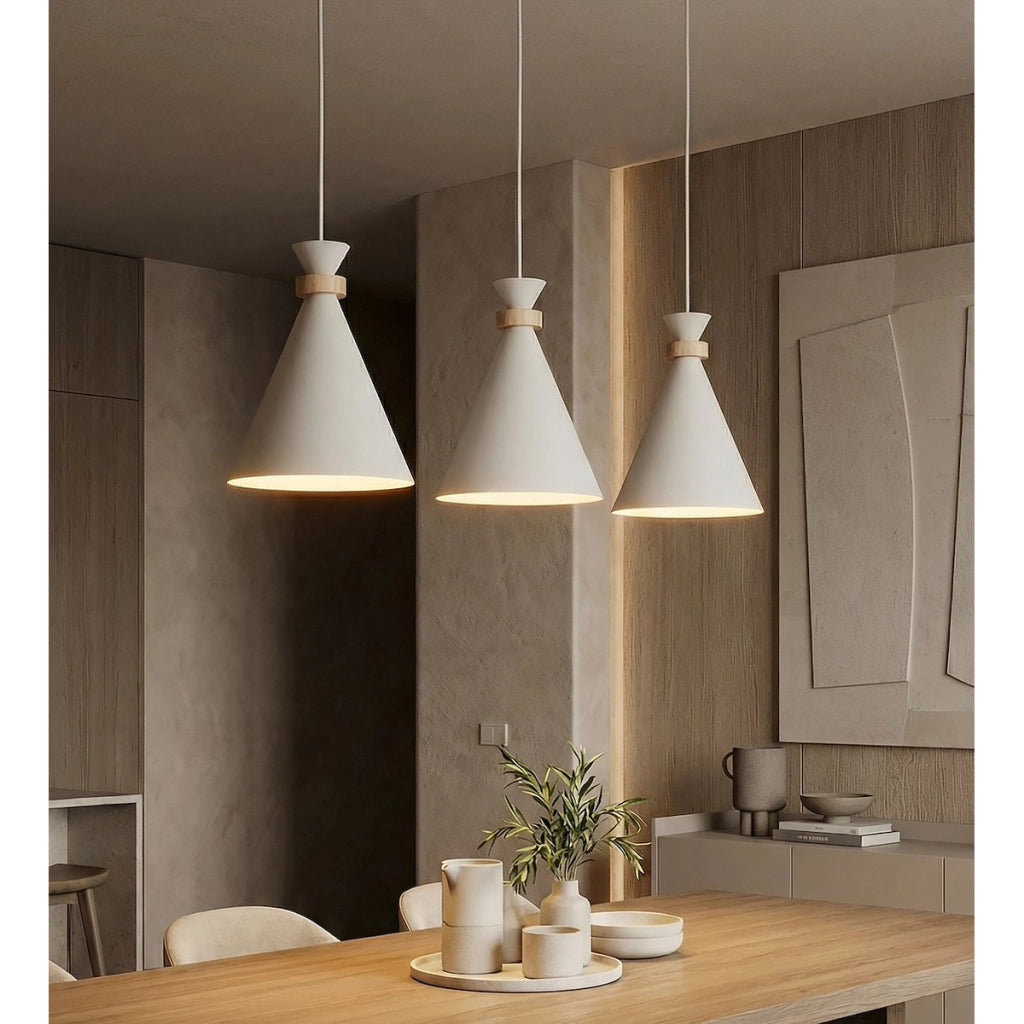 Lampada a sospensione Zero in acciaio bianco opaco e legno