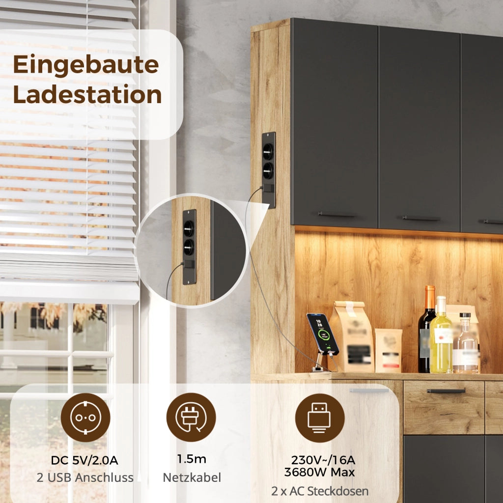 Dispensa alta con LED e presa, 4 vani aperti e ripiani regolabili per cucina, in MDF nero naturale, 100 × 40 × 180 cm
