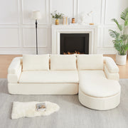 Divano angolare con chaise longue in ciniglia con schienali imbottiti e seduta sagomata a gradoni beige per soggiorno