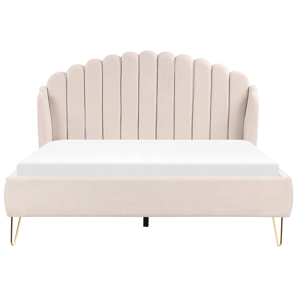 Letto con rete in tessuto poliestere beige chiaro 160 x 200 cm gambe in metallo testata retro capitonné