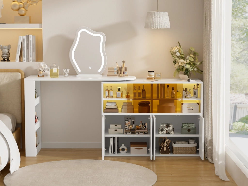 Tavolo da trucco angolare girevole con specchio LED a 3 colori, scrivania 2 in 1, bianco