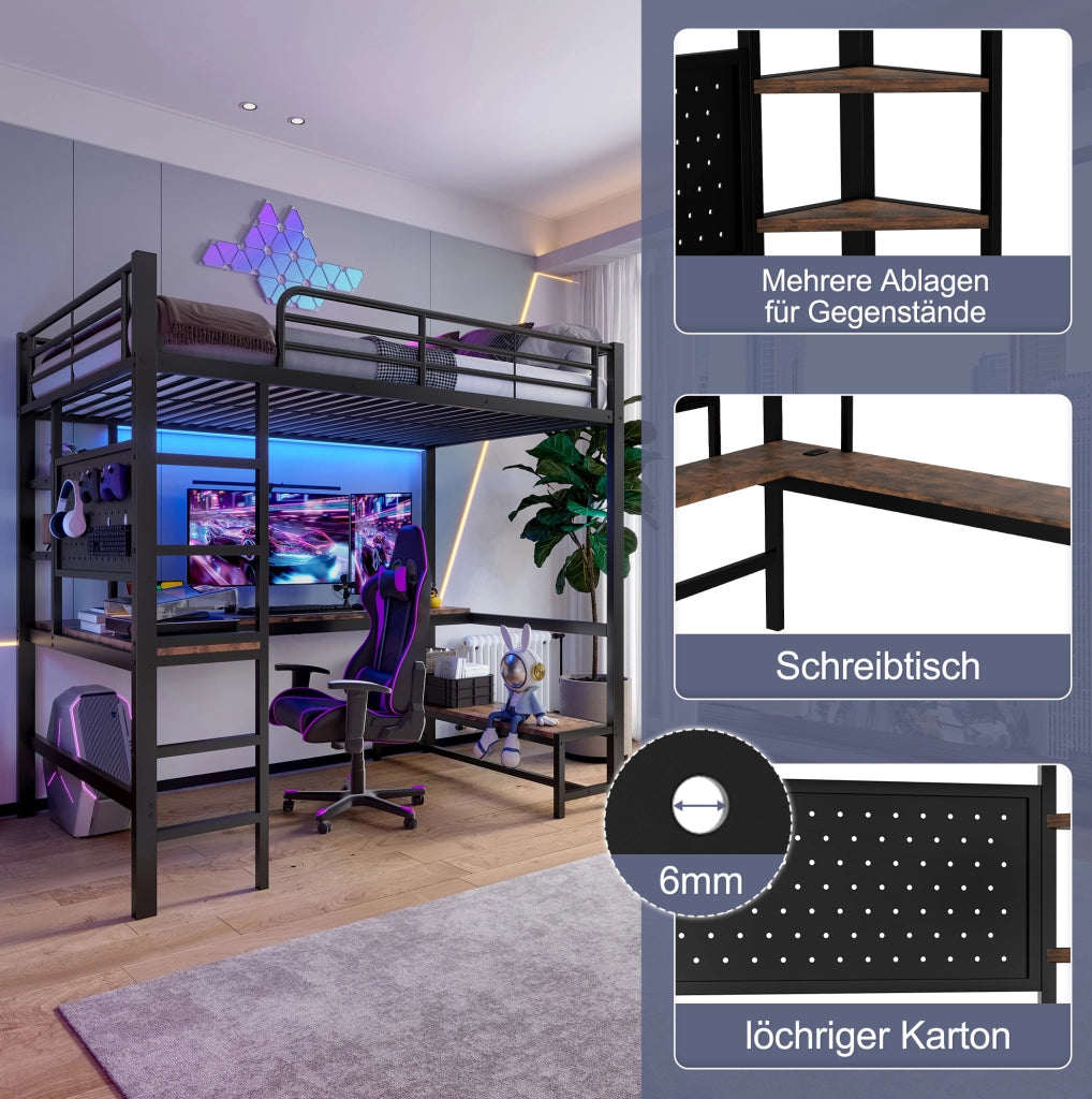 Letto a soppalco ULEVR 90x200 cm con scrivania, ripiani, LED, USB e Type-C, metallo e MDF nero