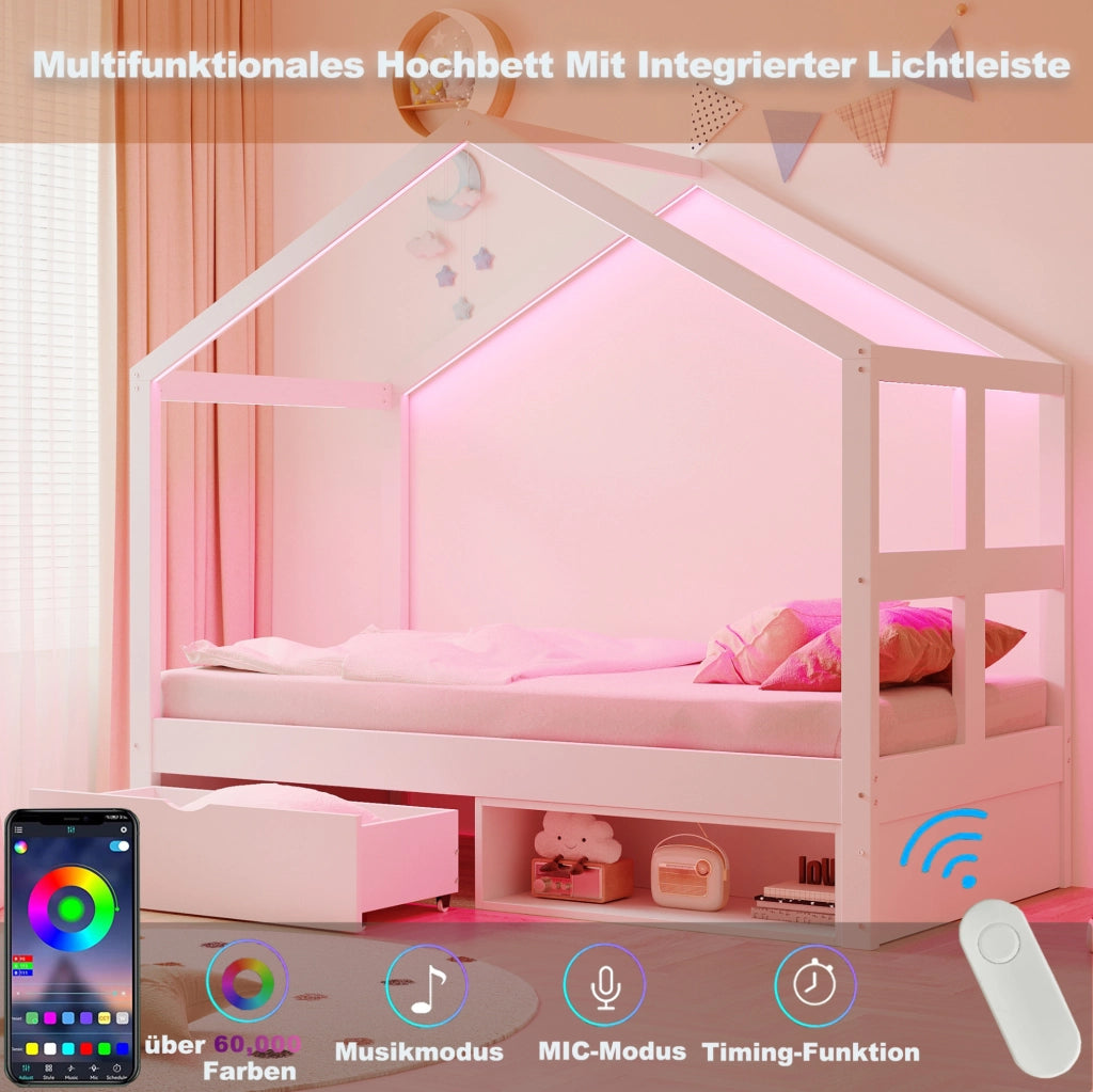 Letto a casetta 90x190 cm con cassetto; scarpiera e LED multicolore; bianco