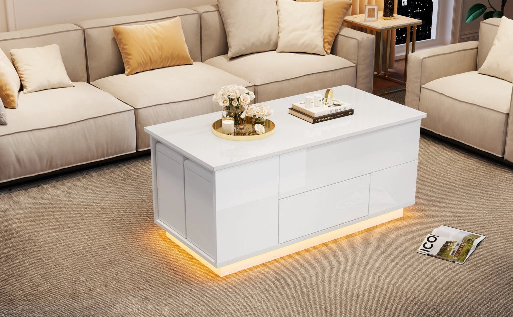 TAVOLINO DA CAFFÈ Sollevabile 100x50x45 cm Bianco con LED e 2 Pouf