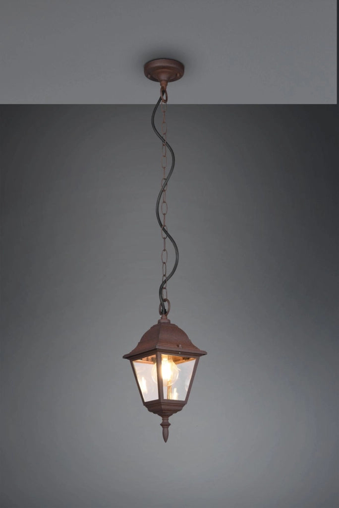 LIVENZA SOSPENSIONE DA ESTERNO 4 LATI FUSIONE DI ALLUMINIO RUGGINE E VETRO TRASPARENTE H. 83CM IP44  1 LUCE ATTACCO E27