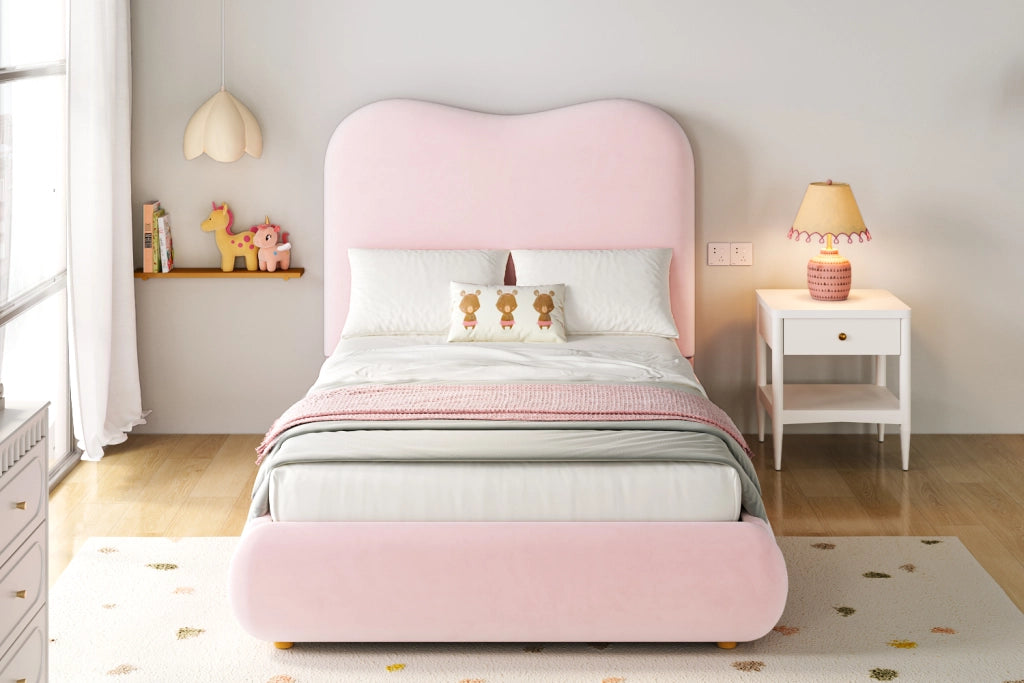 DESMIU Letto Bambino 90 × 200 cm con contenitore idraulico, testiera, senza materasso, velluto, rosa