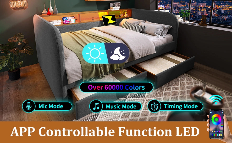 Letto divano 140 × 190 cm con LED, USB e Type-C, 2 cassetti, senza materasso, in lino, grigio