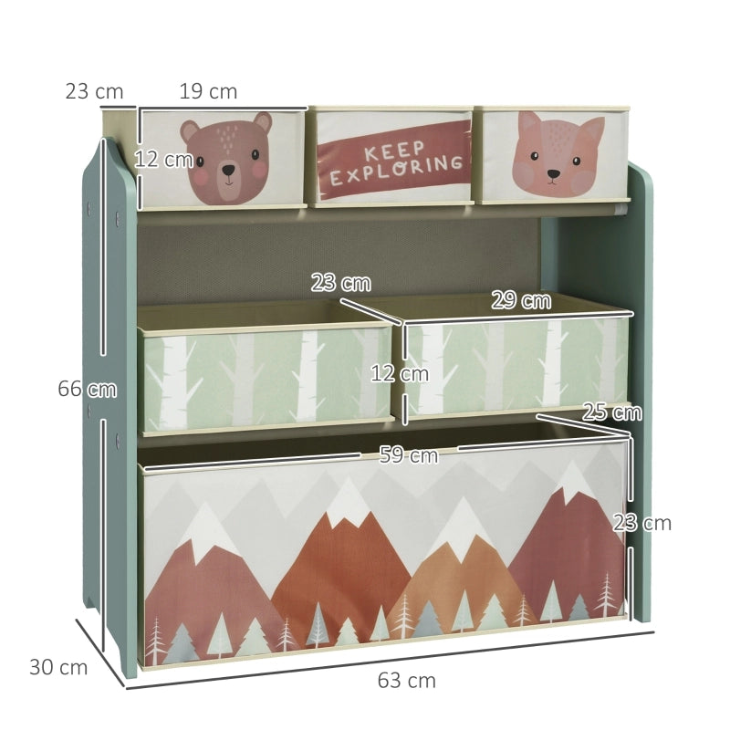 Scaffale portagiochi per bambini con 6 scomparti, in legno, verde, 63x30x66 cm
