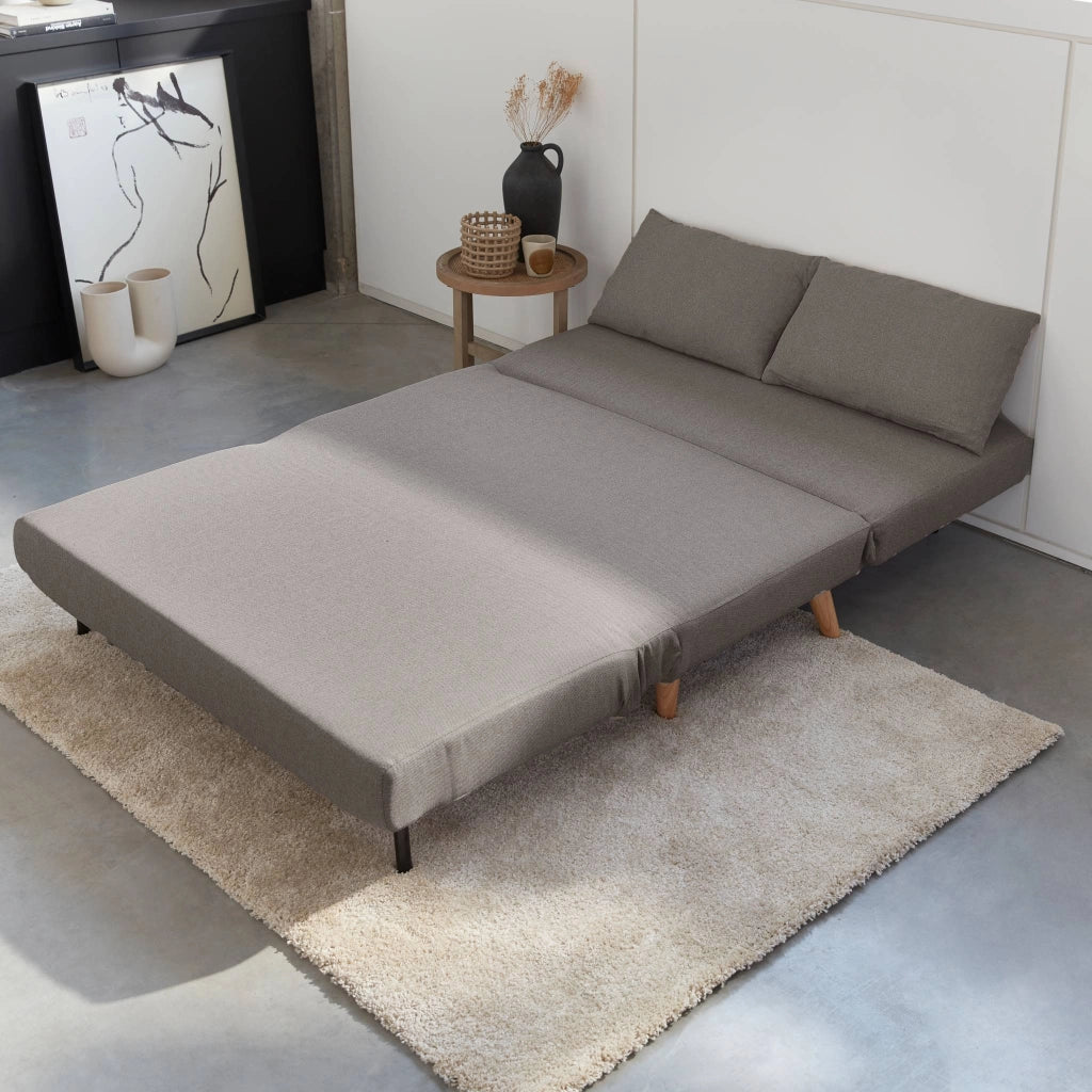 Divano letto in tessuto con gambe in legno, 2 posti, grigio chiaro