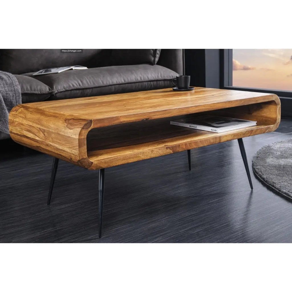 Tavolino RETROVA 90 cm in legno di Sheesham verniciato con gambe in metallo nero e vano aperto
