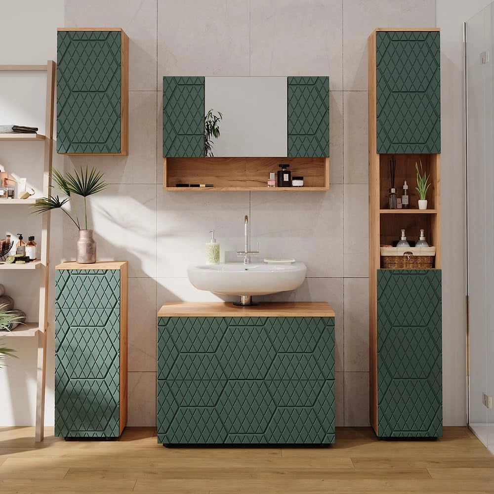 Mobile midi Irma, Quercia verde/oro, 30 x 81 cm con 1 cassetto, 2 scomparti, bagno, per la conservazione in bagno, abbinabile alla serie Irma