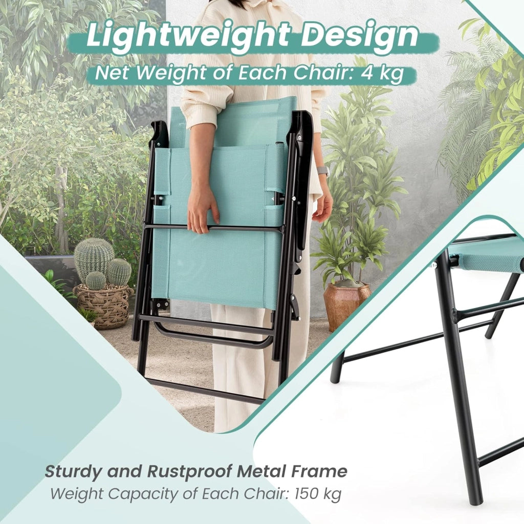 Set di 2 sedie da giardino pieghevoli, con schienale alto e bracciolo, resistenti alle intemperie, in metallo e tessuto, portata fino a 150 kg (verde menta)
