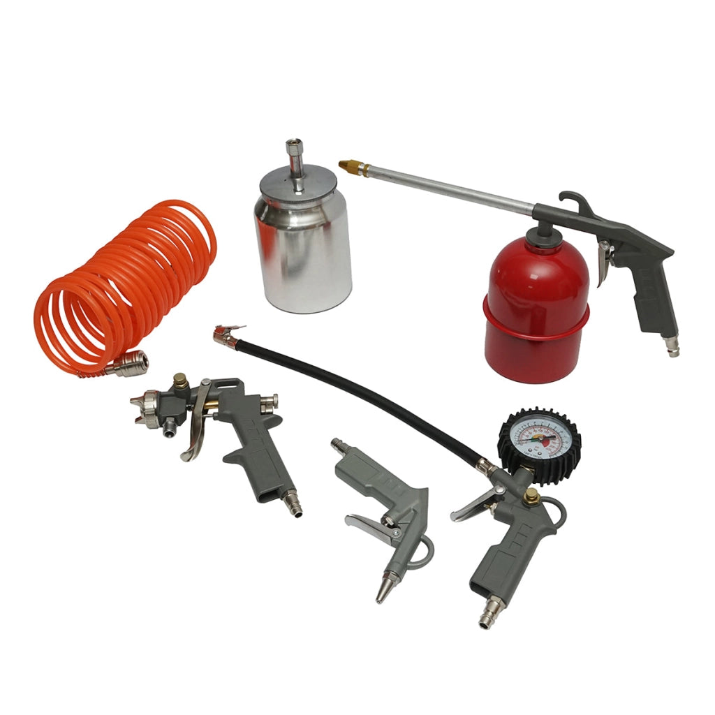 Set di 5 pezzi ad aria compressa con tubo a spirale da 5 m, ideale per lavaggio, verniciatura, gonfiaggio e soffiaggio. Breckner Germany