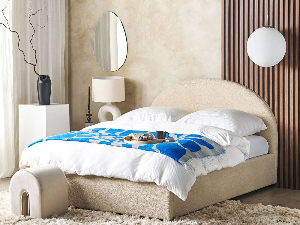 Letto contenitore matrimoniale imbottito tessuto beige retrò minimalista 160 x 200