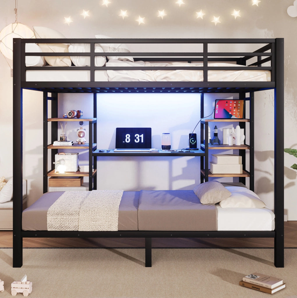 Letto a castello 90x200 e 140x200 cm con LED, prese USB e vani portaoggetti nero HAVRYA