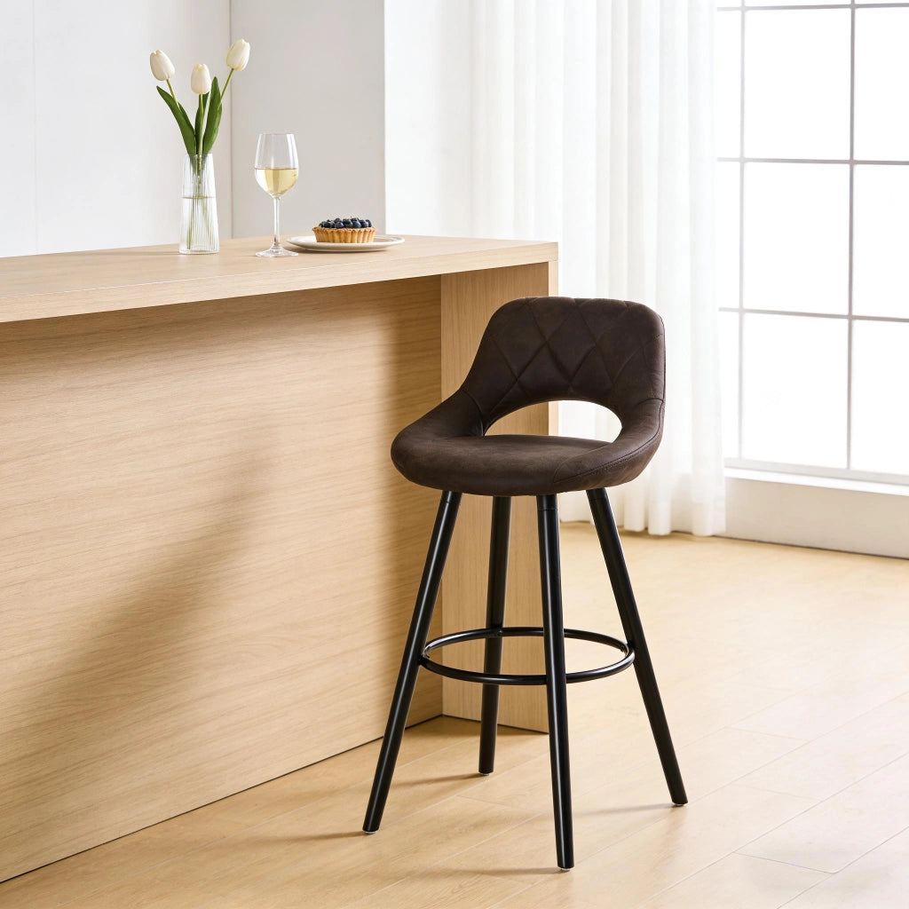 Sgabello da bar ergonomico con schienale e piedini antiscivolo in tessuto e legno marrone scuro