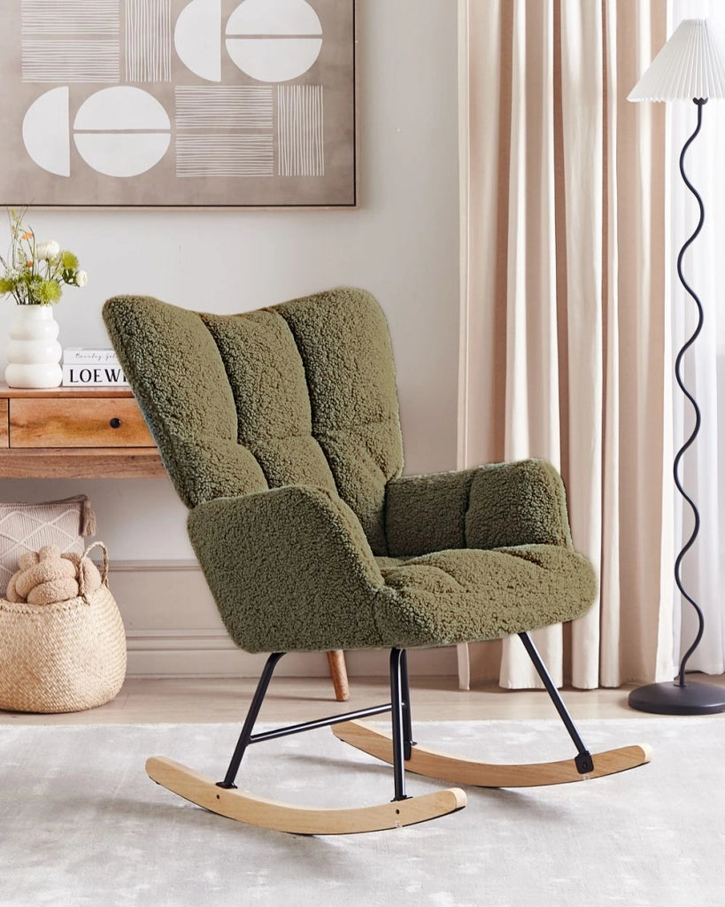 Sedia a dondolo verde scuro Tessuto poliestere Rivestimento Gambe di legno Pattini Moderna Biscuit Tufting
