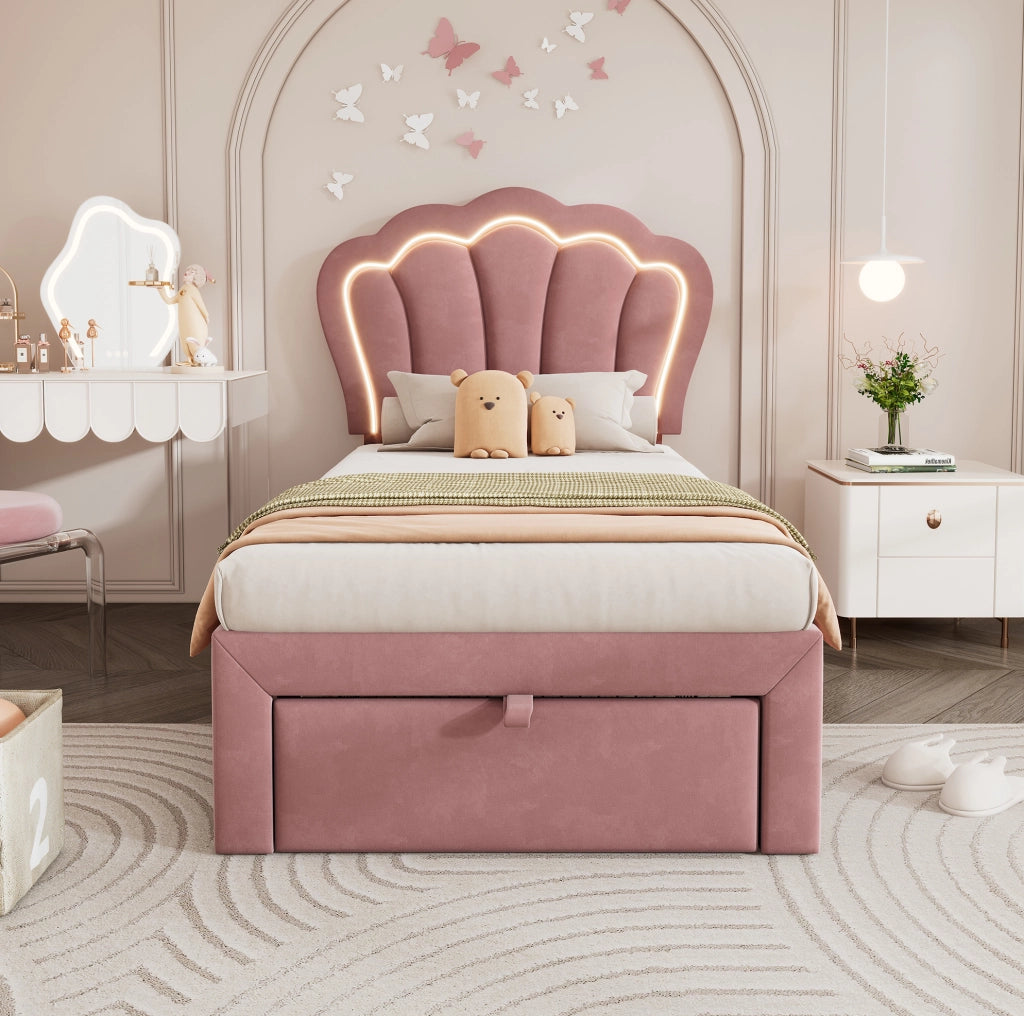 Letto imbottito 90x190 cm LED RGB; testiera regolabile; velluto rosa (Senza materasso)