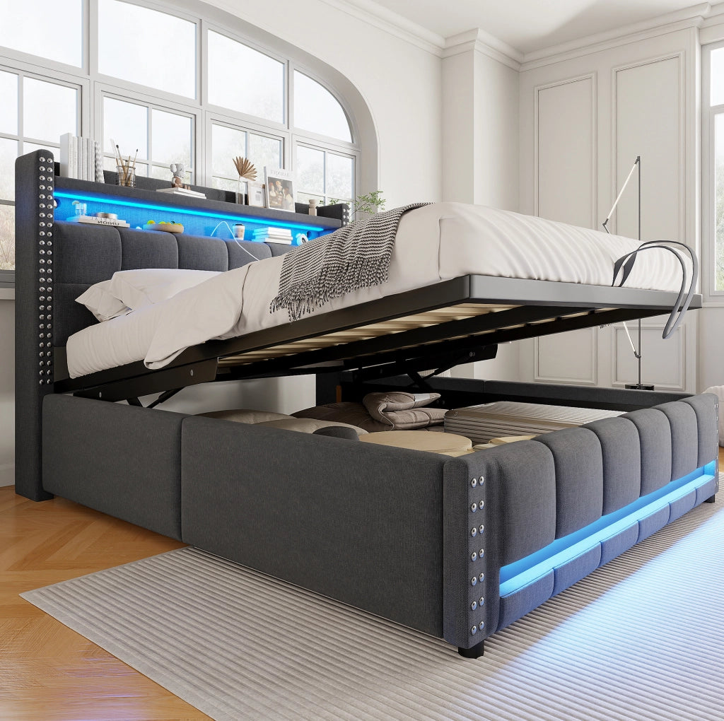 Letto matrimoniale imbottito 140x200 cm con LED e USB grigio