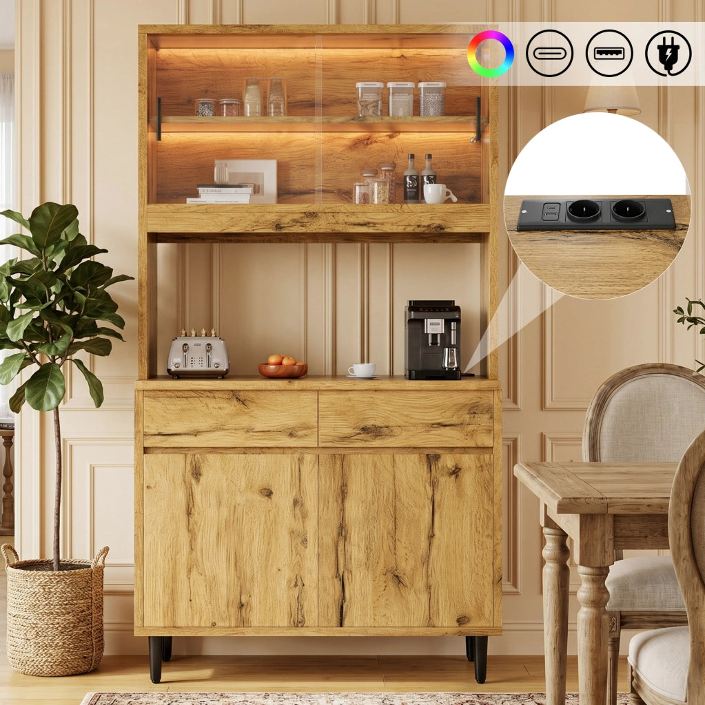 Credenza alta in rovere con LED, prese e porte in vetro