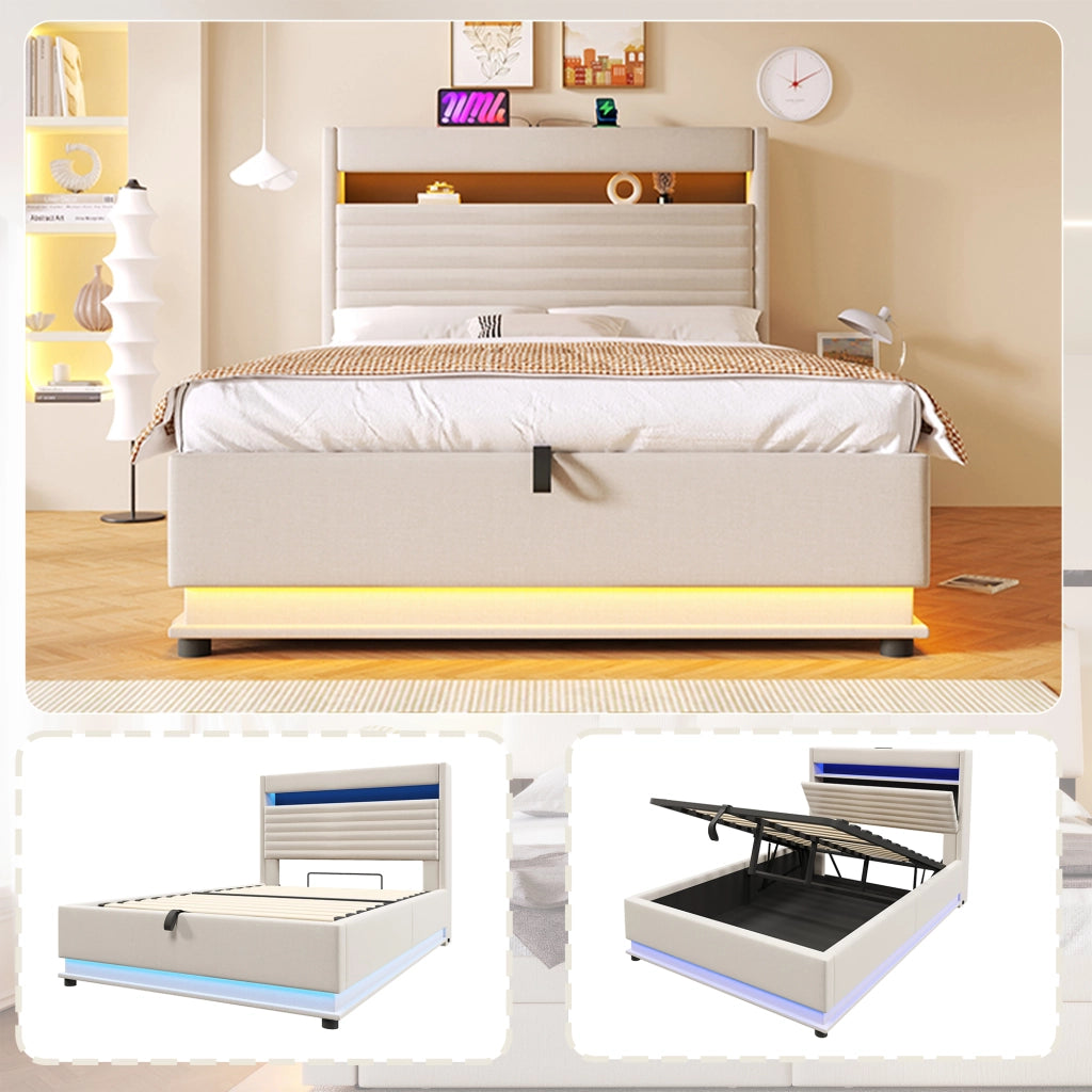 DESMIU Letto contenitore 140 × 200 cm 2 posti con LED, USB Type-C, vano idraulico, senza materasso, in lino, beige