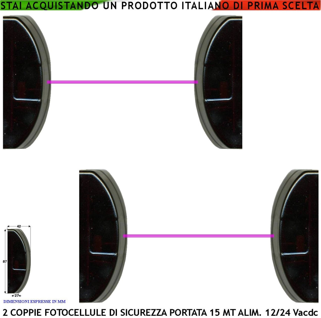 Fotocellule Sicurezza e Controllo Cancello Elettrico Automatico 2 Coppie TX e RX Cellula Portata 15 Metri Montaggio a Parete o Palina Alimentazione 12/24 Vac