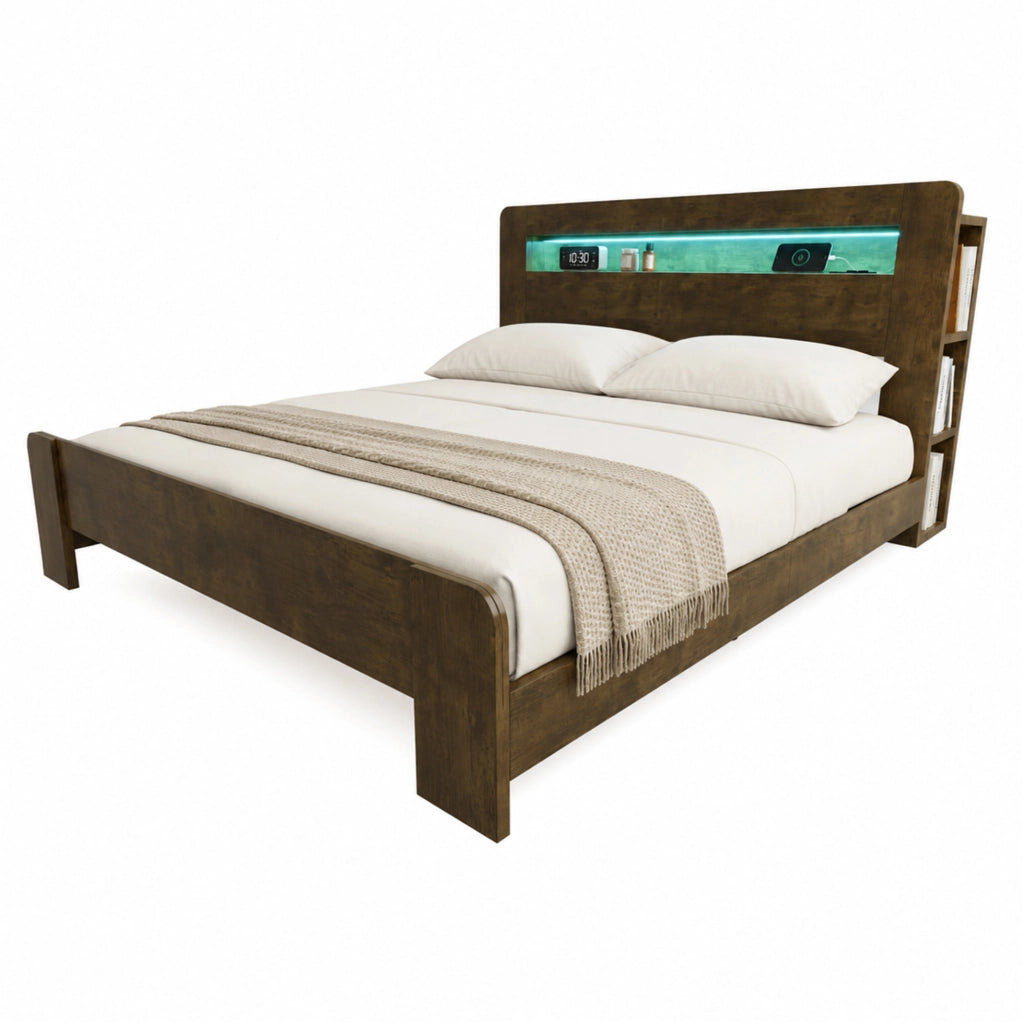Letto matrimoniale in legno 180x200 con testiera contenitore, LED e prese integrate