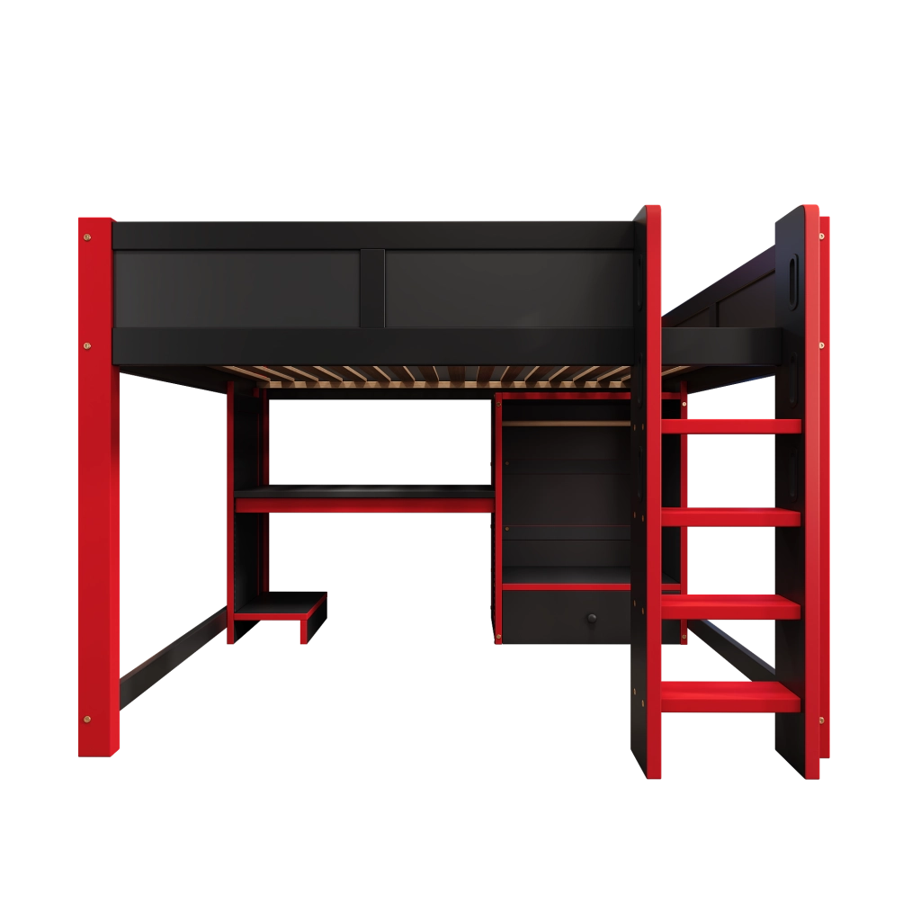 LETTO A CASTELLO gaming 140x200 cm nero e rosso con scrivania, armadio e ripiani