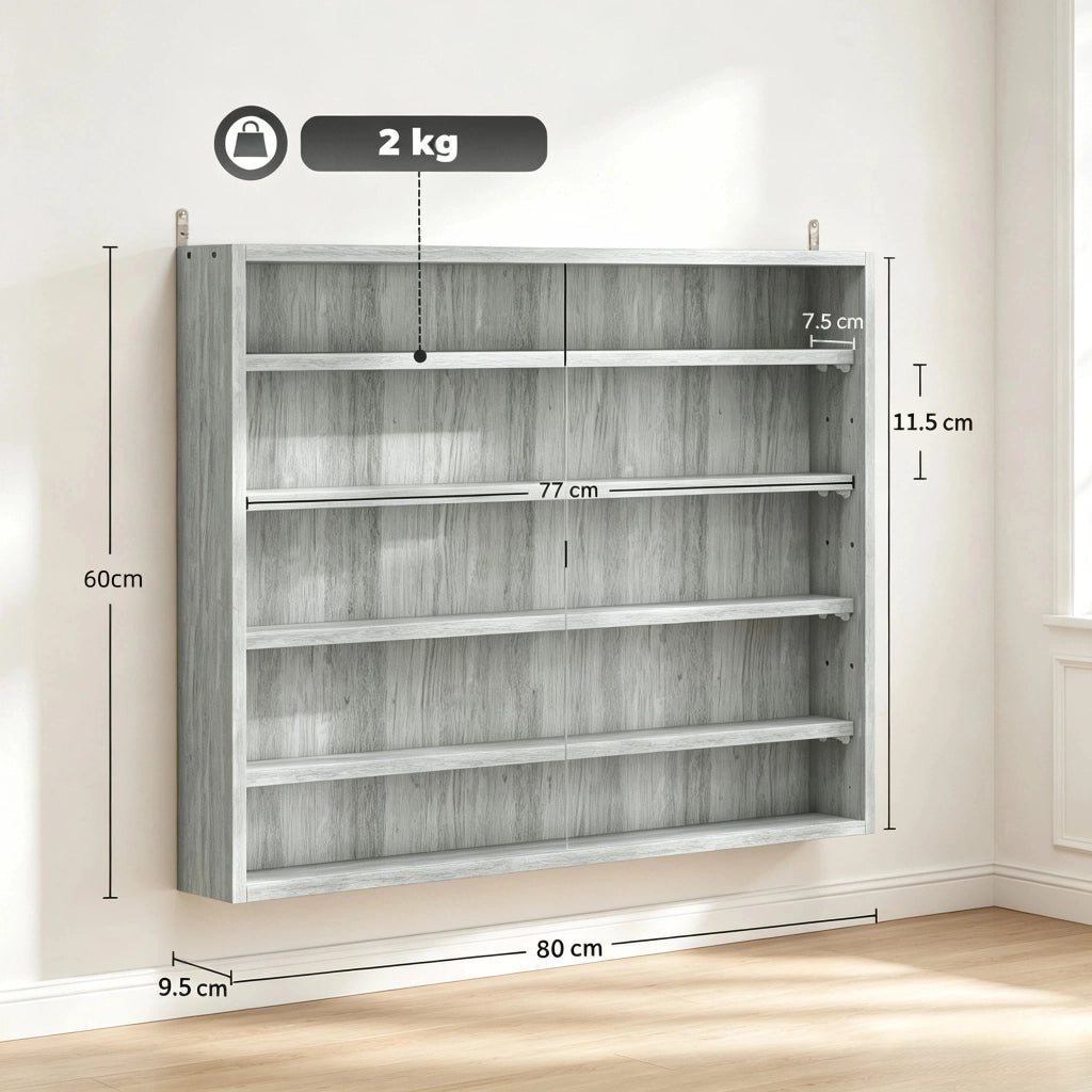 Vetrina da parete moderna in vetro grigio con 4 ripiani regolabili, 80 x 9,5 x 60 cm