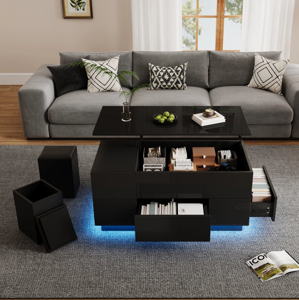 Tavolino da caffè 100x50 cm con altezza regolabile; LED; 2 cassetti e 2 sgabelli; nero