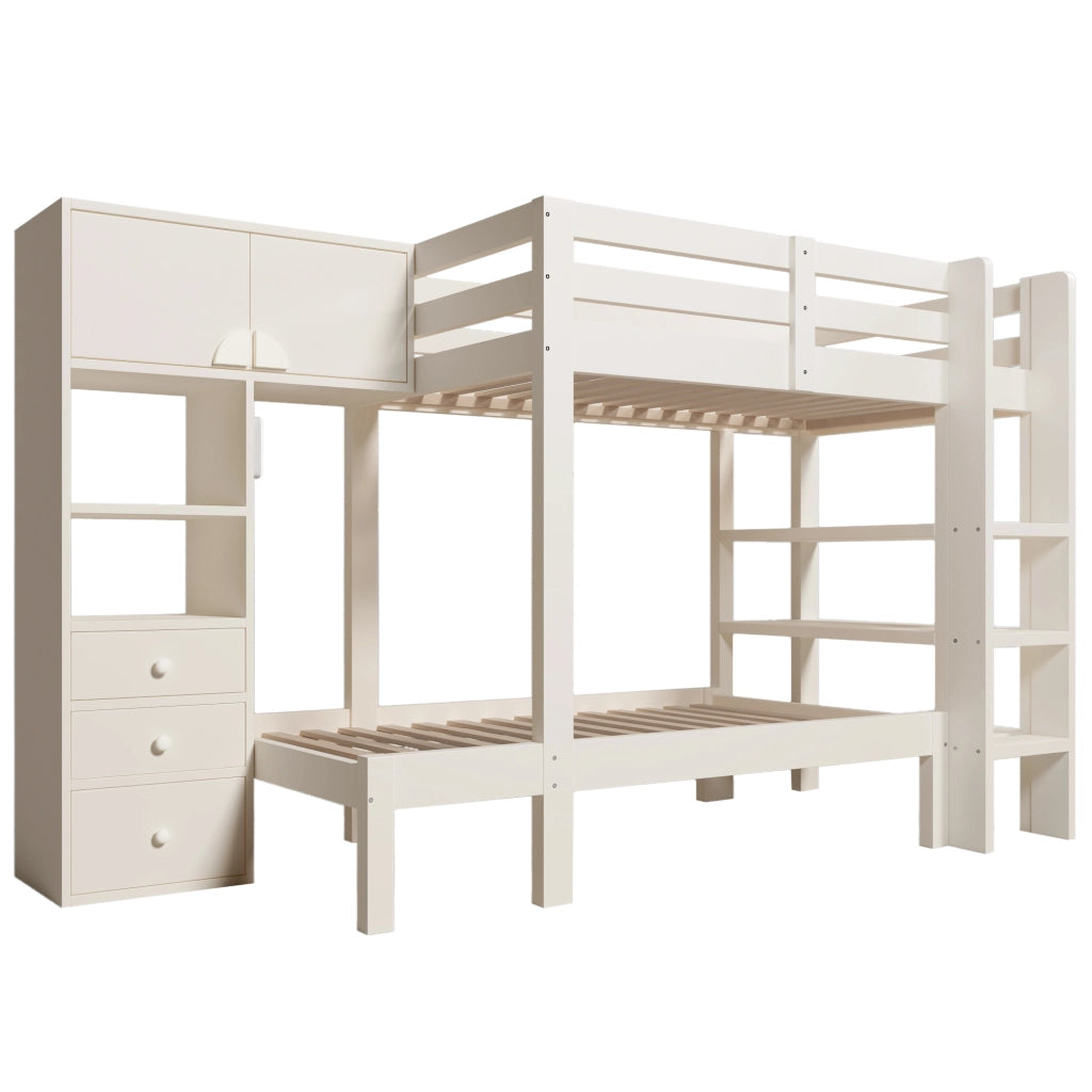 Letto a Castello 90x200 cm con LED; Armadio; Ripiani e Cassetti in Metallo e Legno Bianco
