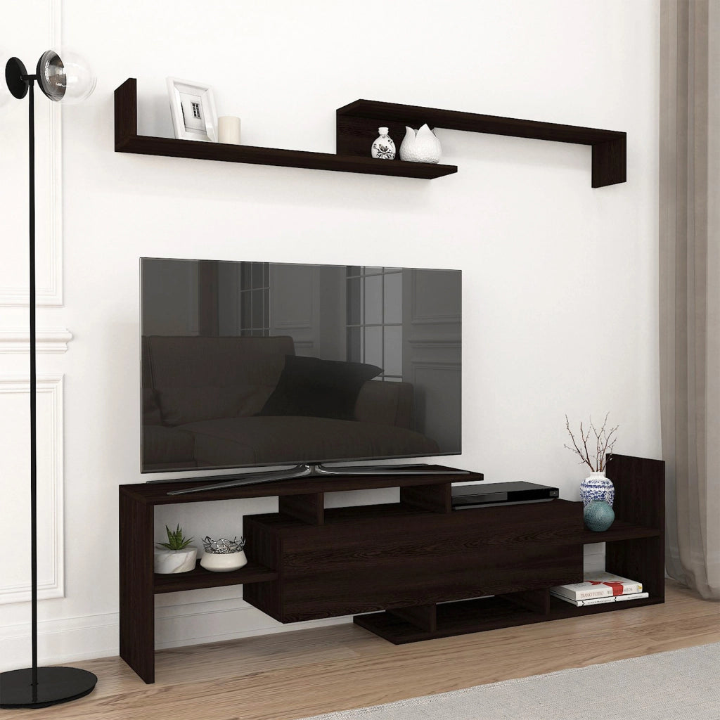 Set Liksefte di Mobile Porta TV e Mensola da Parete - Nero [en.casa]