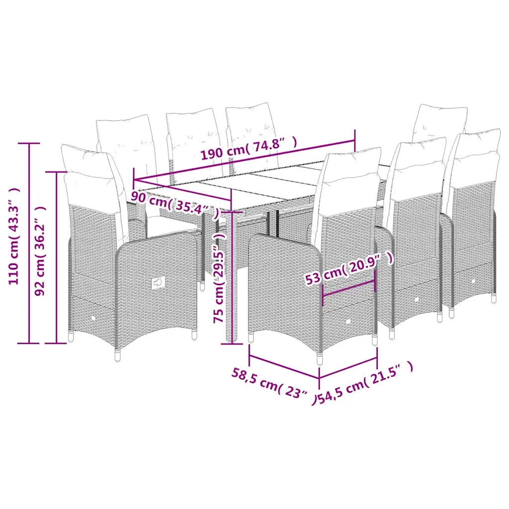 vidaXL Set Bistrò da Giardino 9 pz con Cuscini in Polyrattan Grigio