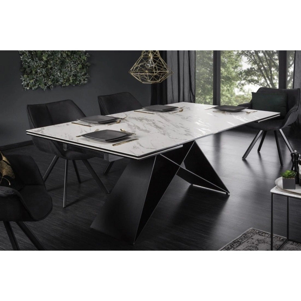 Tavolo da pranzo ATARA 180–260 cm – Piano in ceramica effetto marmo bianco e metallo nero