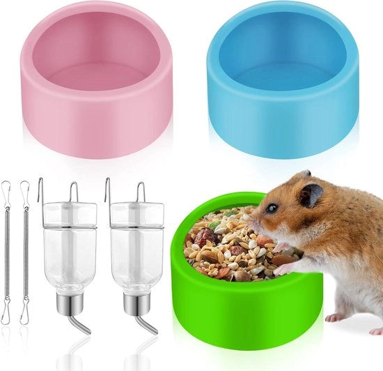 Set di tre vaschetti alimentari e due flessi d'acqua appesi per piccoli animali da compagnia come hamster, cavia, uccelli e altri animali domestici piccoli