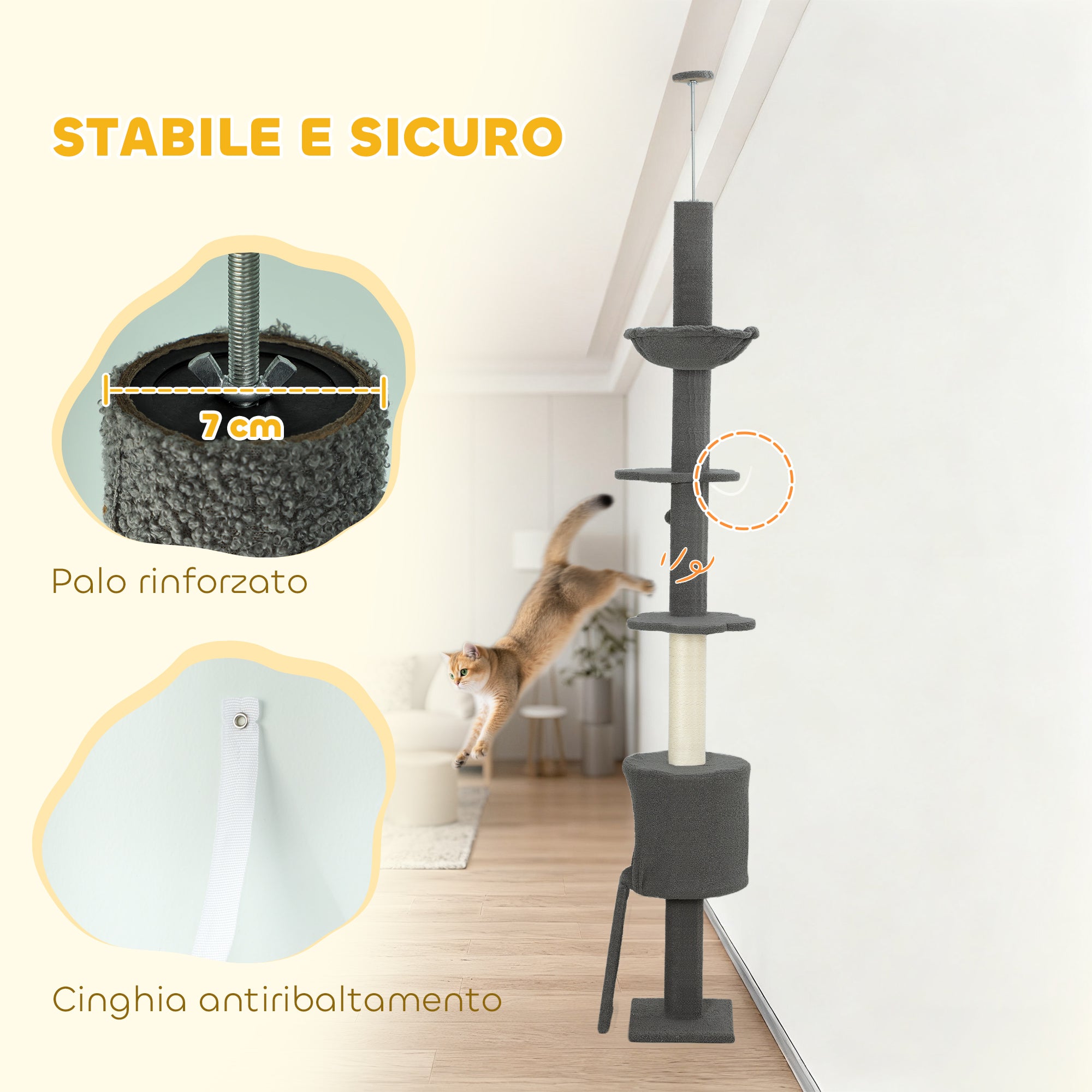 Albero per Gatti a Soffitto Alto 220-240 cm con Amaca Casetta Piattaforme a Fiore e Pali in Sisal Grigio