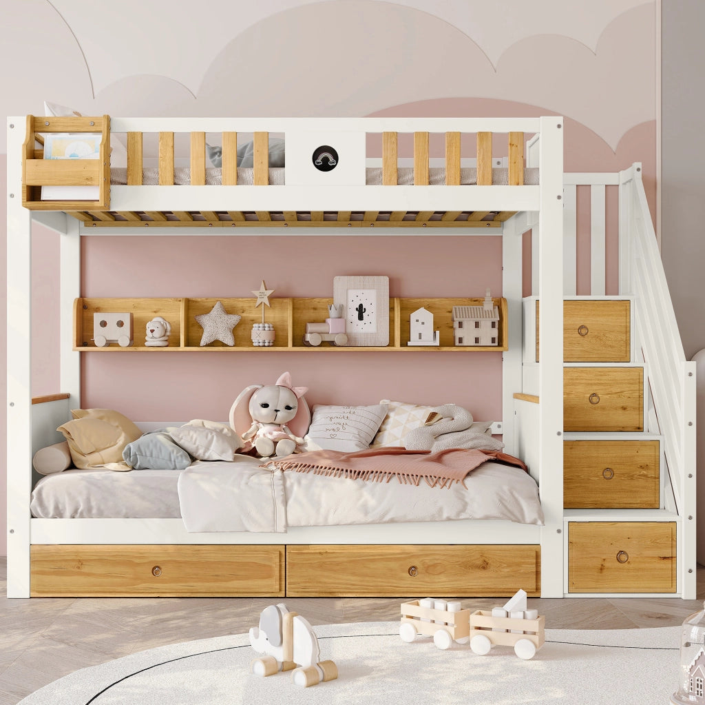 Letto a castello 90x200 cm con scala contenitore bianco/naturale