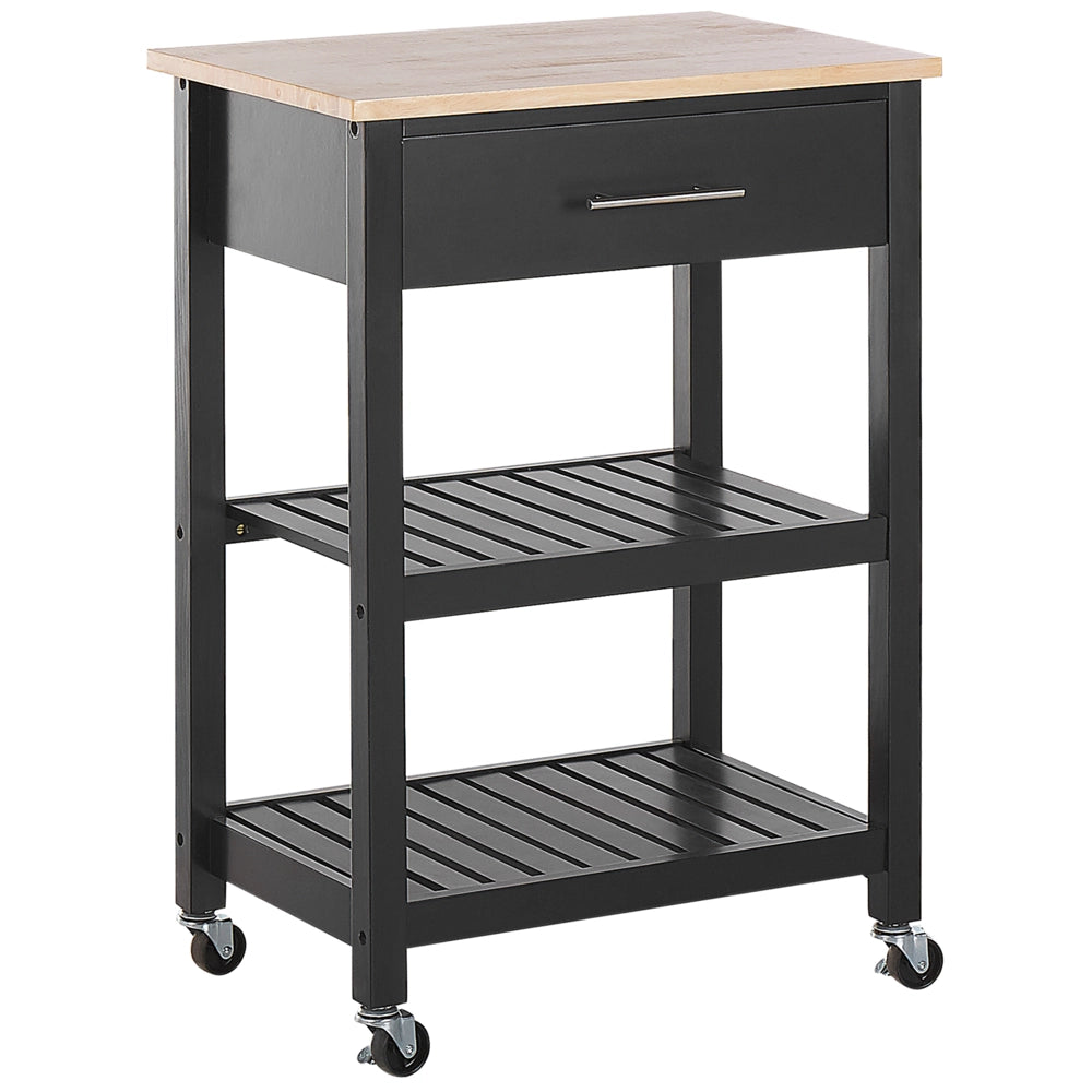 Carrello da cucina in legno di gomma Nero MDF 58 x 40 x 85 cm 2 ripiani portaposate cassetto portabottiglie ruote