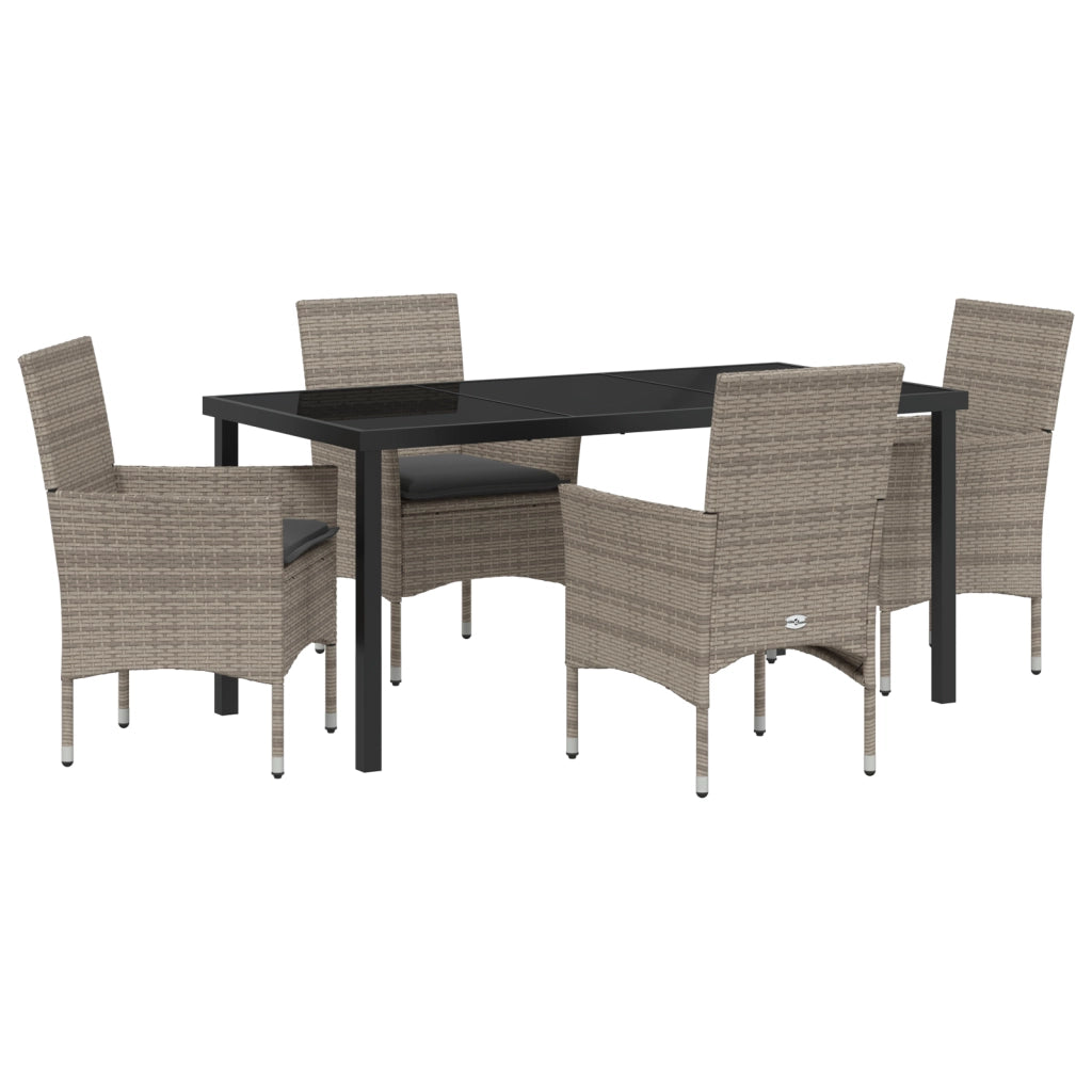 Set da Pranzo da Giardino  5 Pezzi con Cuscini Grigio Rattan Poliestere