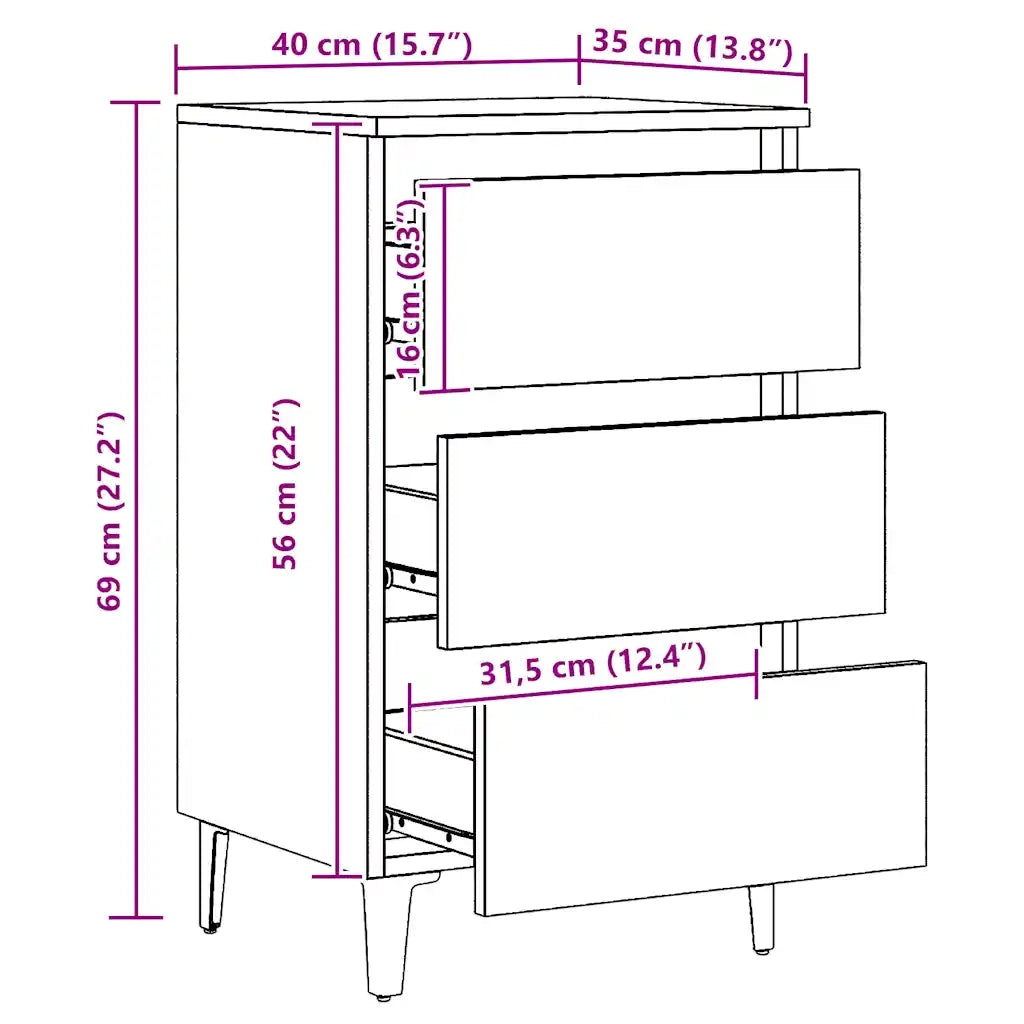 Comodino con Gambe in Metallo Rovere Artigianale 40x35x69 cm
